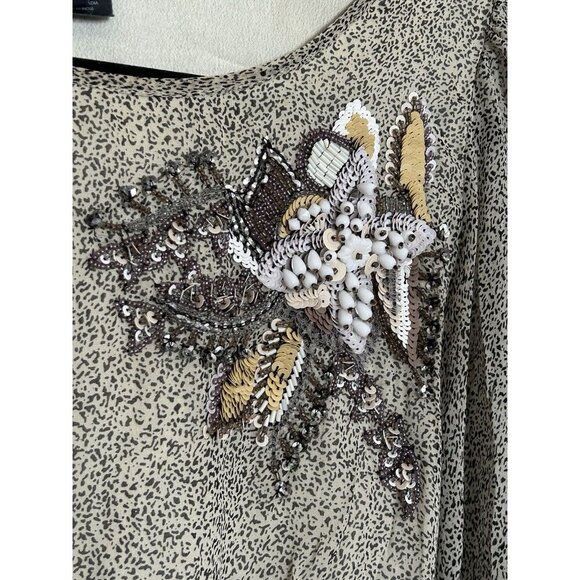 100% Silk French Connection Beaded Embellished Midi Dress Size 6 Black Beige - Picture 6 of 14